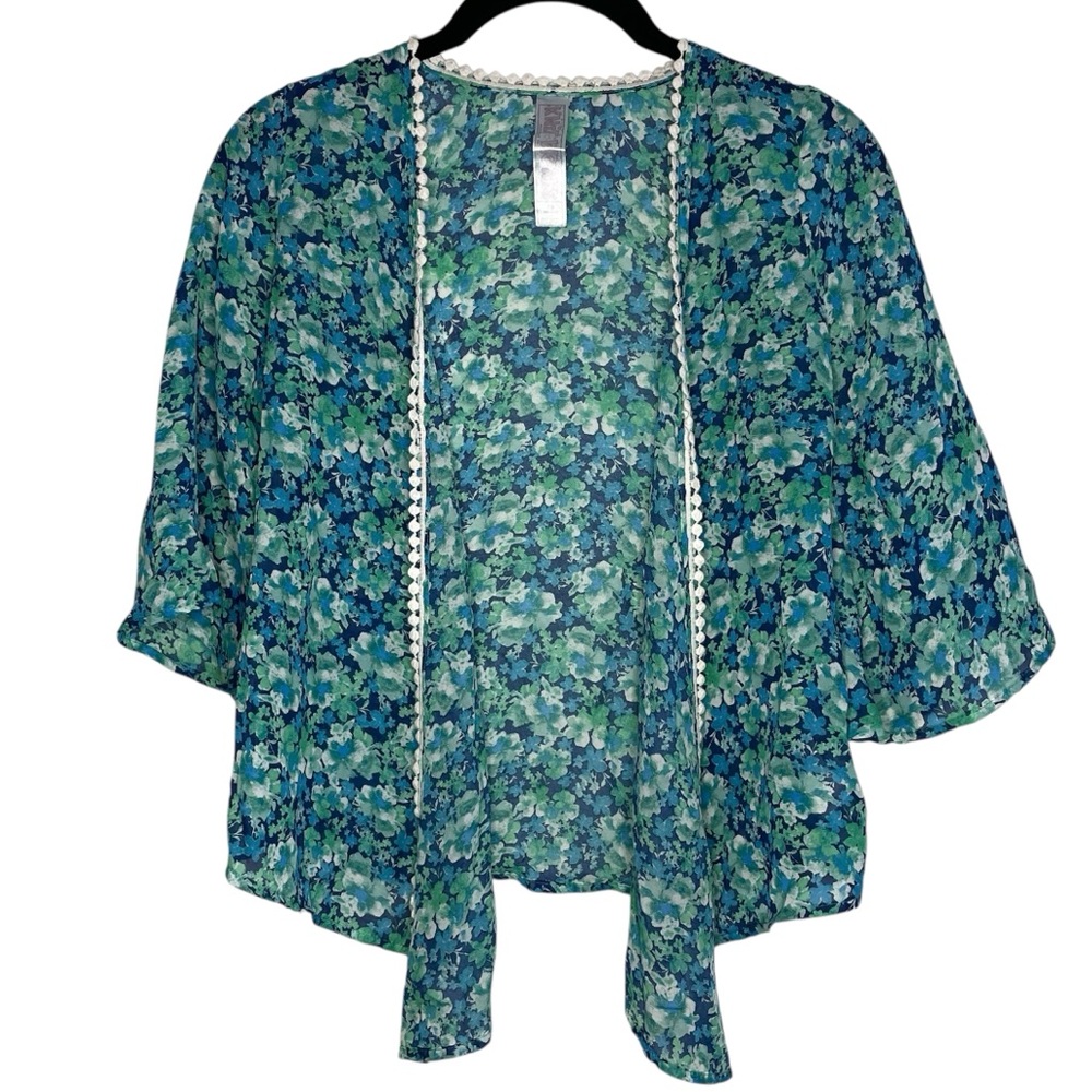 Knitworks Blue & Green Floral Cropped Short Sleeve Kimono Cover Up Cardigan Top